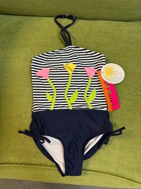 Kate Mack Navy & White Stripe One-Piece with Neon Floral Appliqués